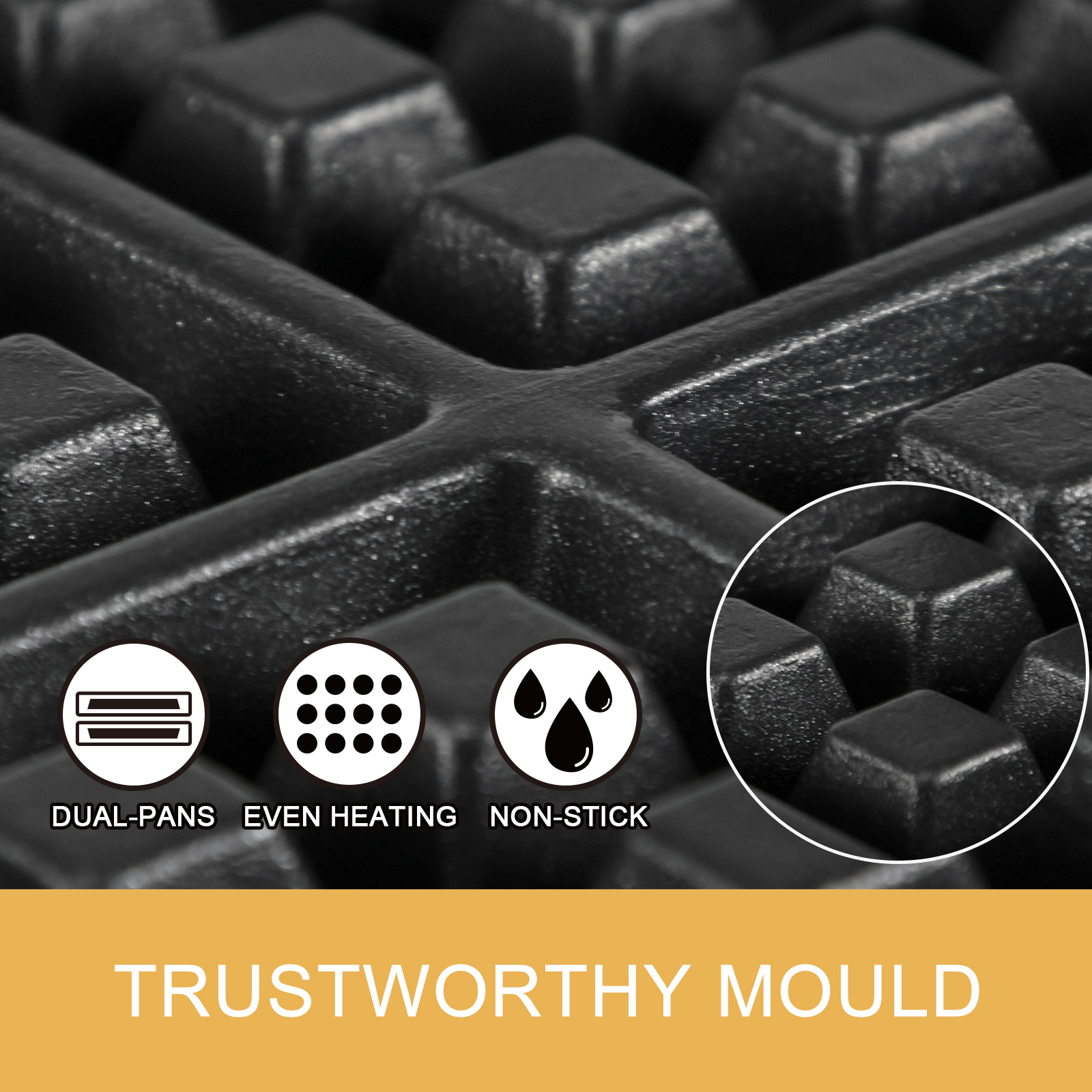 close-up of waffle texture from VEVOR commercial waffle maker with icons for dual-pans, even heating, and non-stick features.