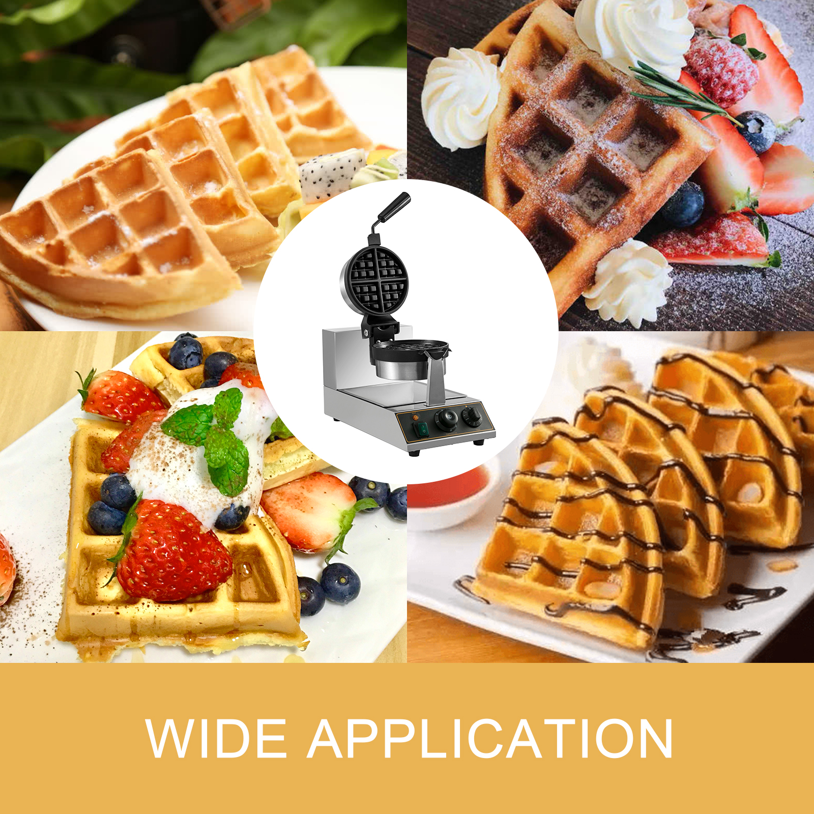 VEVOR commercial waffle maker with delicious waffles and wide application text.