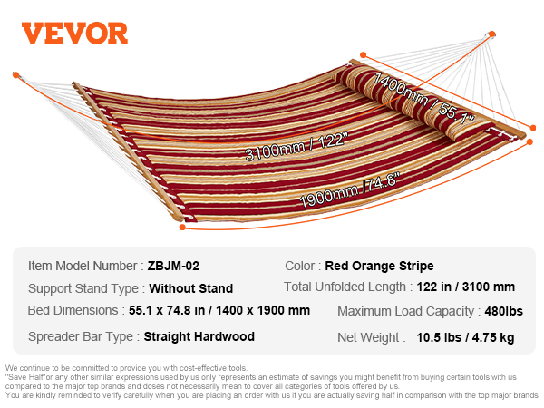 VEVOR quilted hammock in red-orange stripes, with dimensions, load capacity, and other specifications.
