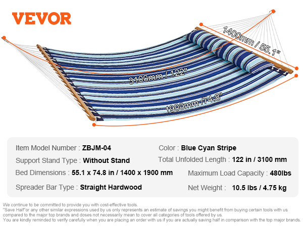 VEVOR double hammock blue cyan stripe, 55.1 x 74.8 in, 480 lbs capacity, 10.5 lbs.