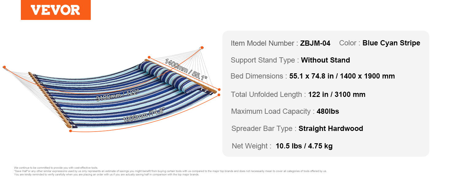 VEVOR double hammock blue cyan stripe, 55.1 x 74.8 in, 480 lbs capacity, 10.5 lbs.