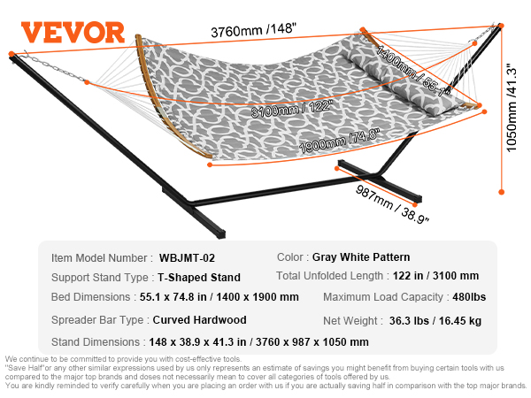 VEVOR double hammock with t-shaped stand, 480lbs capacity, curved hardwood spreader, gray white pattern.