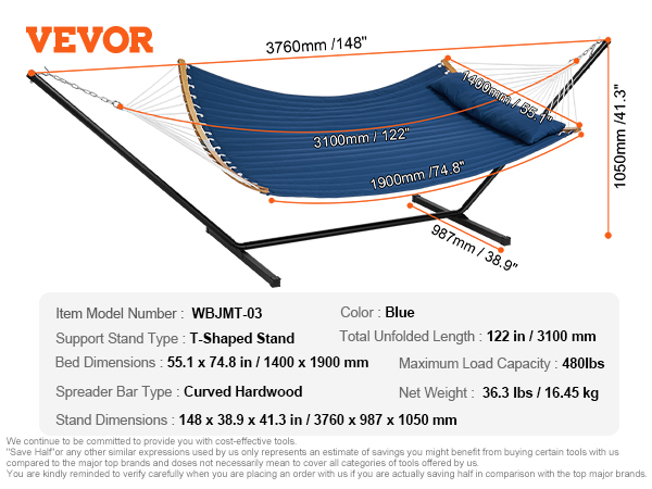 blue VEVOR double hammock with t-shaped stand, curved hardwood spreader bar, and dimensions listed.