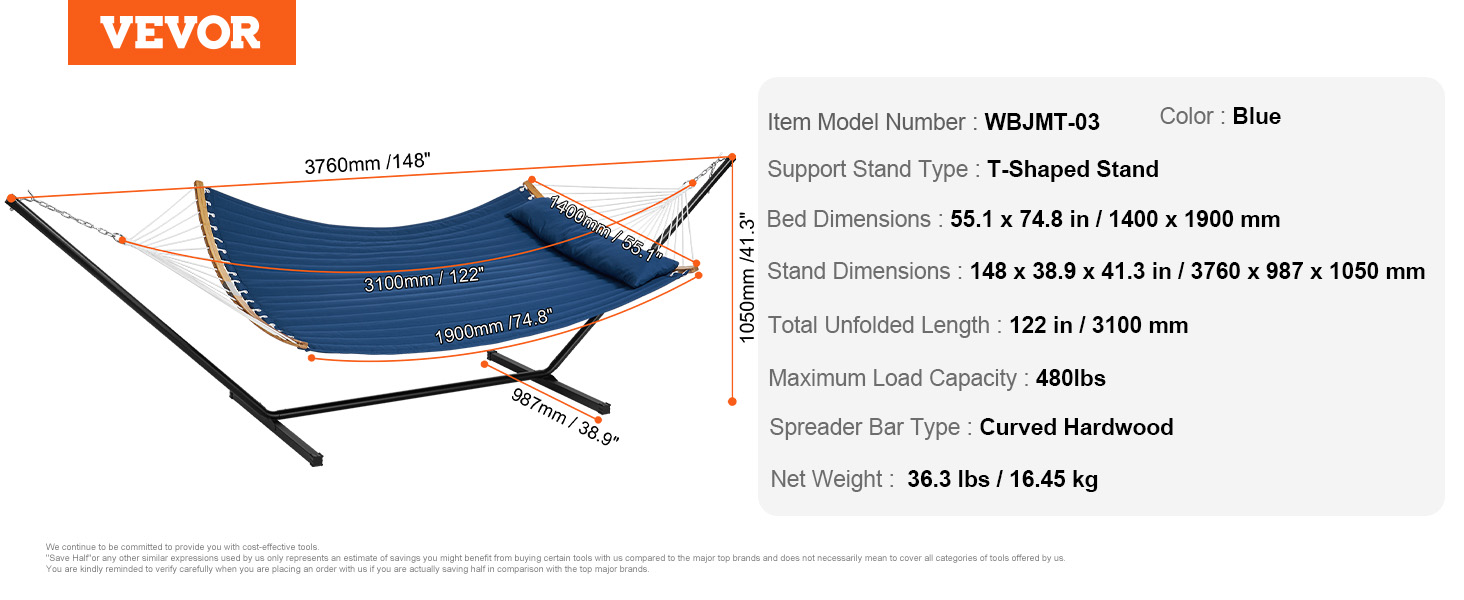 blue VEVOR double hammock with t-shaped stand, curved hardwood spreader bar, and dimensions listed.