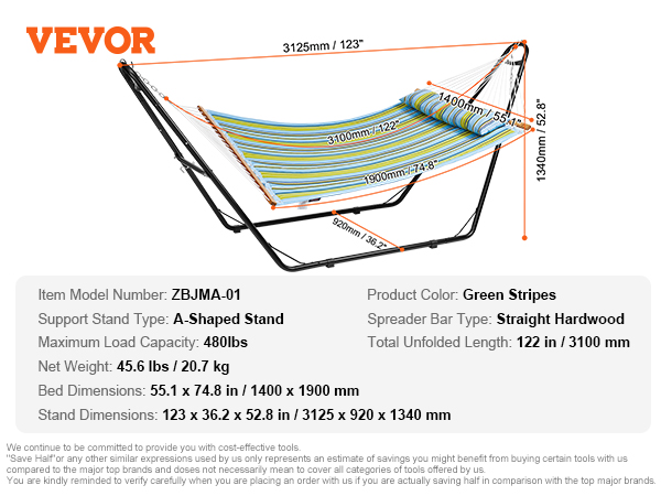 VEVOR double hammock with a-shaped stand, green stripes, 480lbs capacity, dimensions 123"x36.2"x52.8".