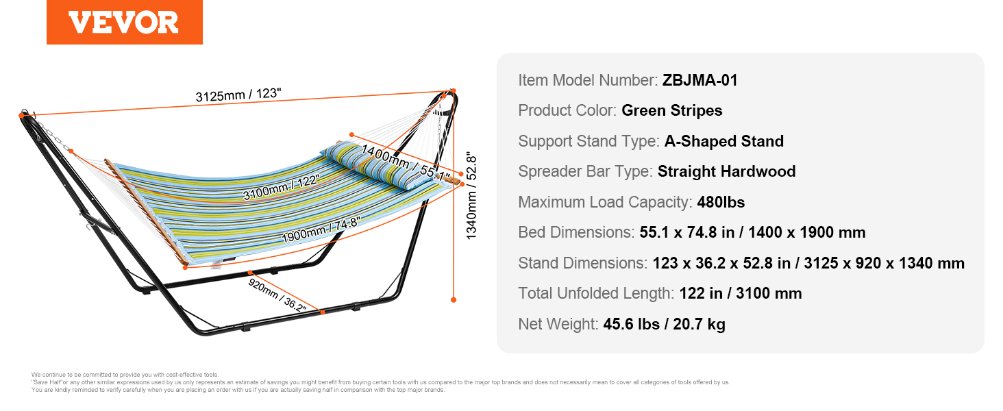 VEVOR double hammock with a-shaped stand, green stripes, 480lbs capacity, dimensions 123"x36.2"x52.8".