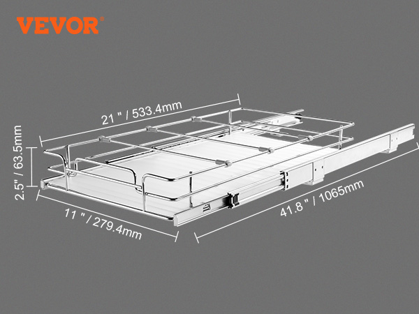 VEVOR pull out cabinet organizer dimensions, showing 21" depth closed and 41.8" depth extended.