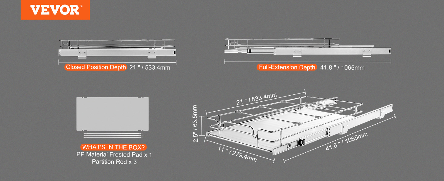 VEVOR pull out cabinet organizer dimensions, showing 21" depth closed and 41.8" depth extended.