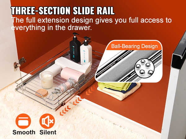 Выдвижной шкаф-органайзер VEVOR с трехсекционной направляющей и шарикоподшипниковой конструкцией обеспечивает плавный и бесшумный доступ.