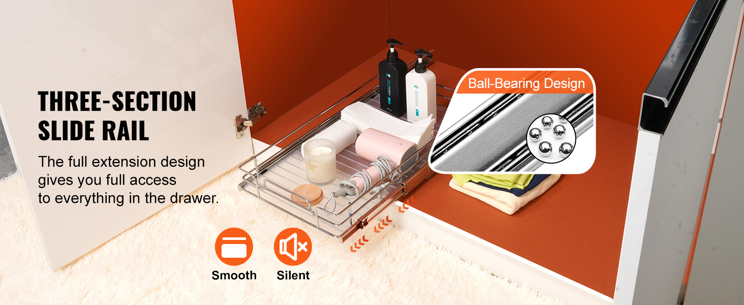 Выдвижной шкаф-органайзер VEVOR с трехсекционной направляющей и шарикоподшипниковой конструкцией обеспечивает плавный и бесшумный доступ.