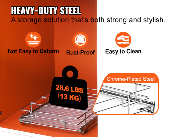сверхпрочный выдвижной шкаф-органайзер VEVOR из хромированной стали, грузоподъемностью 28,6 фунта, защищен от коррозии.