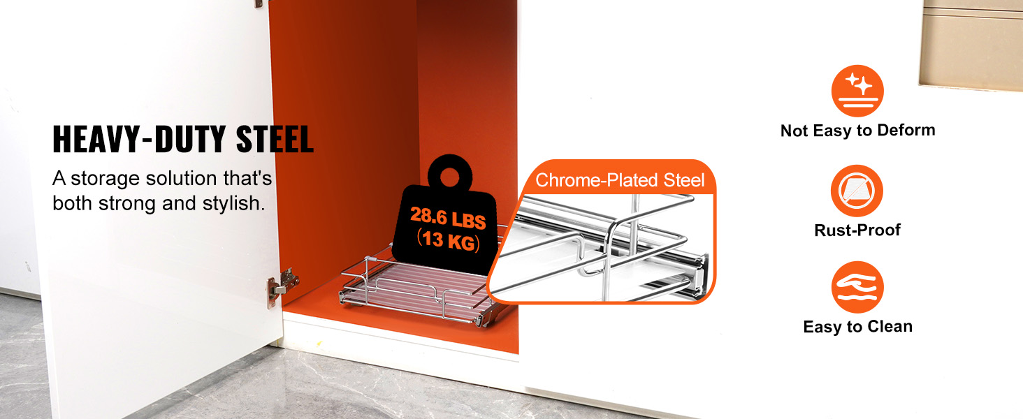 сверхпрочный выдвижной шкаф-органайзер VEVOR из хромированной стали, грузоподъемностью 28,6 фунта, защищен от коррозии.
