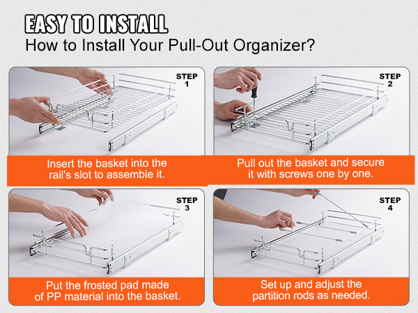 простые шаги по установке выдвижного органайзера для шкафа VEVOR: вставьте корзину, закрепите винты, добавьте прокладку, отрегулируйте стержни.