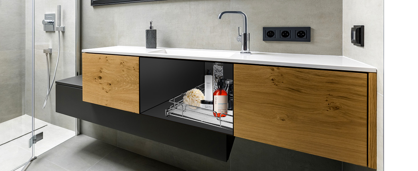 современная ванная комната с двойной раковиной, деревянными шкафчиками, выдвижным шкафчиком-органайзером VEVOR для туалетных принадлежностей.