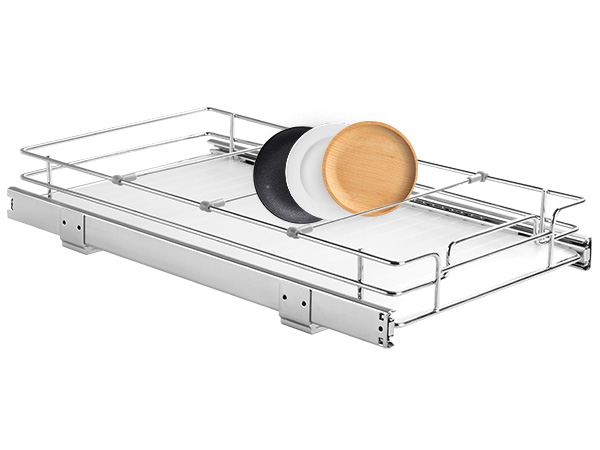 VEVOR pull out cabinet organizer with plates on a sleek chrome-finished slide-out tray.