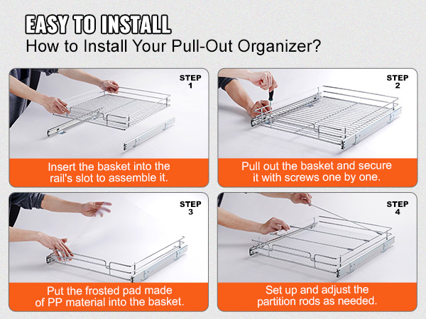 простые шаги по установке выдвижного органайзера для шкафов VEVOR: вставьте корзину, закрепите шурупами, добавьте матовую прокладку, отрегулируйте стержни.