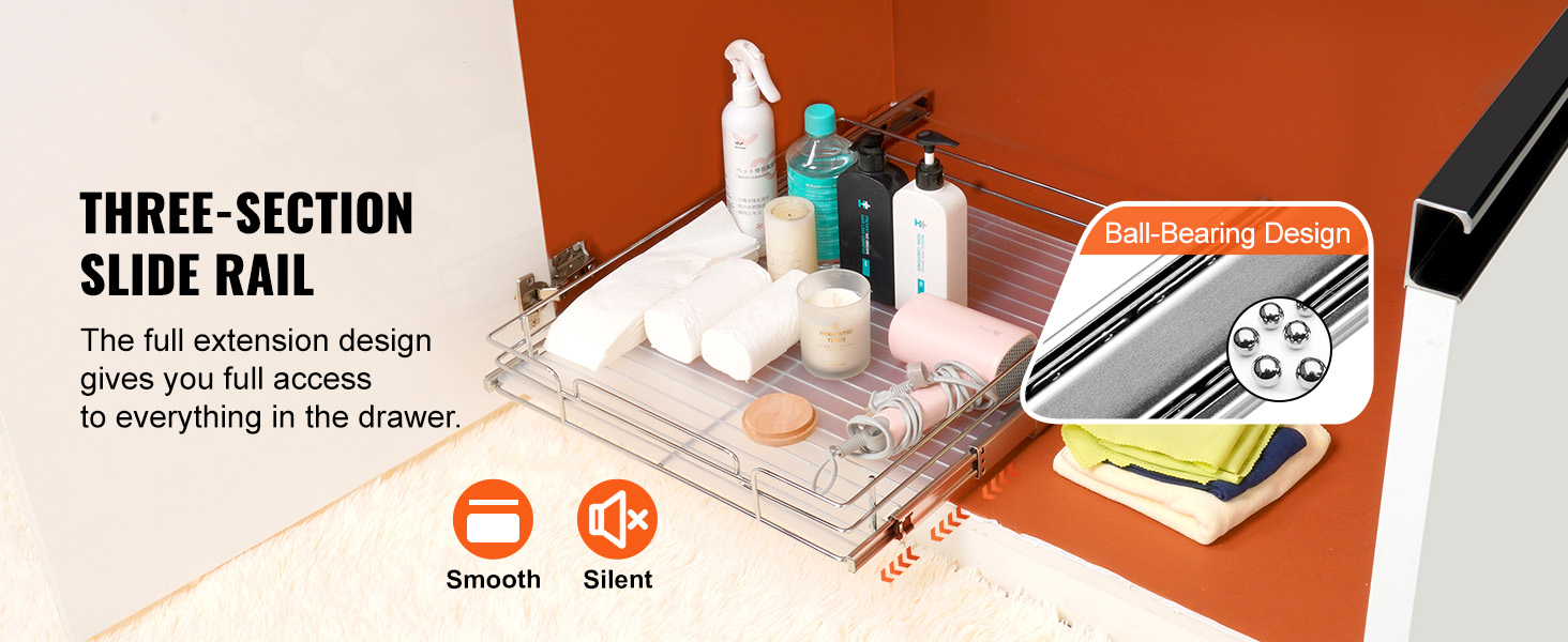 Выдвижной шкаф-органайзер VEVOR с трехсекционной направляющей, демонстрирующий гладкую и бесшумную конструкцию на шарикоподшипниках.