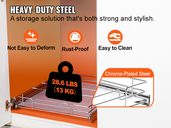 Выдвижной шкаф-органайзер VEVOR изготовлен из сверхпрочной хромированной стали, не подвержен коррозии, легко моется и не поддается деформации.