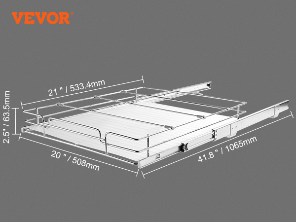 VEVOR pull out cabinet organizer, dimensions, and components with closed and full-extension views.