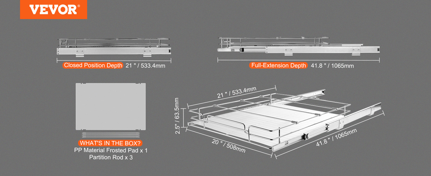 VEVOR pull out cabinet organizer, dimensions, and components with closed and full-extension views.