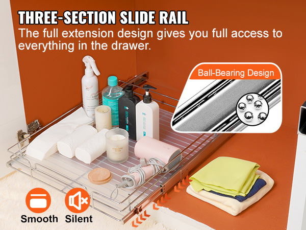 VEVOR traukti iš spintos organizatorius su trijų skyrių skaidrių geležinkelių, pilno ištraukimo, sklandus ir tylus dizainas.