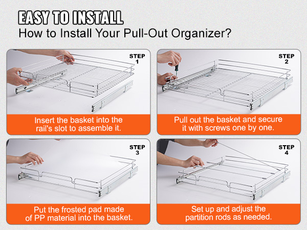 lengvas montavimas veiksmus, VEVOR traukti iš spintos organizatorius: įterpti, saugi, padas, ir reguliuoti.