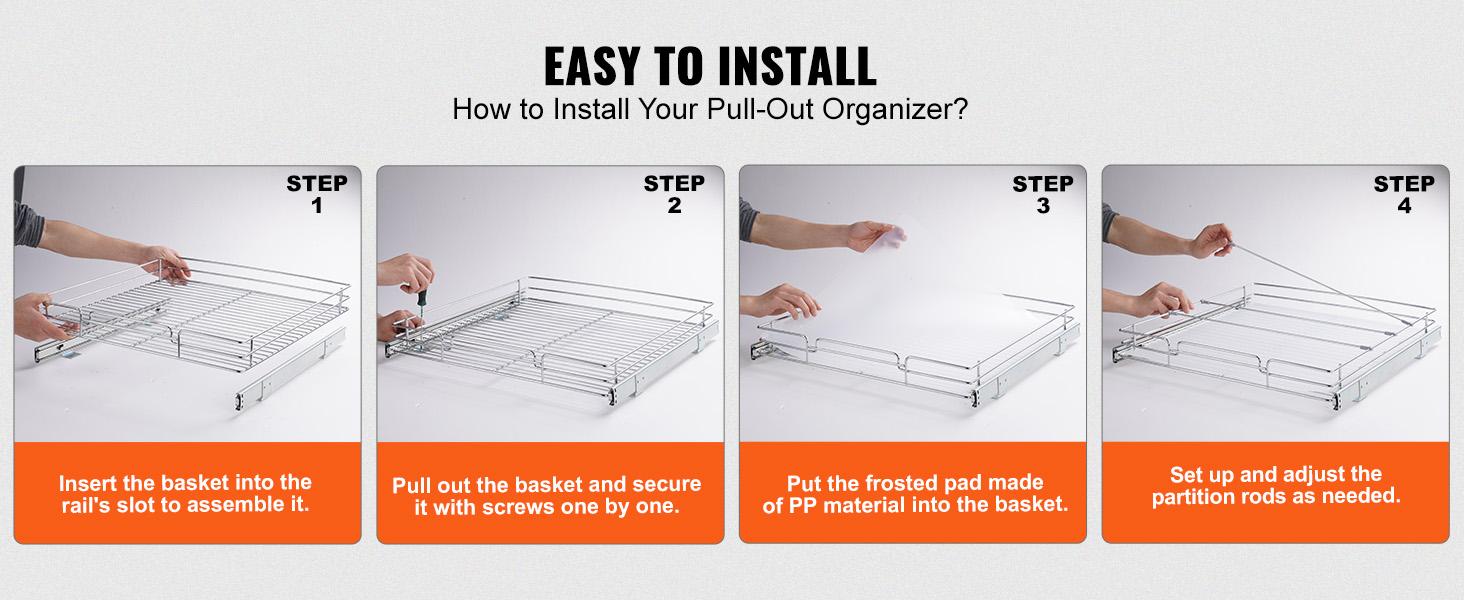 lengvas montavimas veiksmus, VEVOR traukti iš spintos organizatorius: įterpti, saugi, padas, ir reguliuoti.