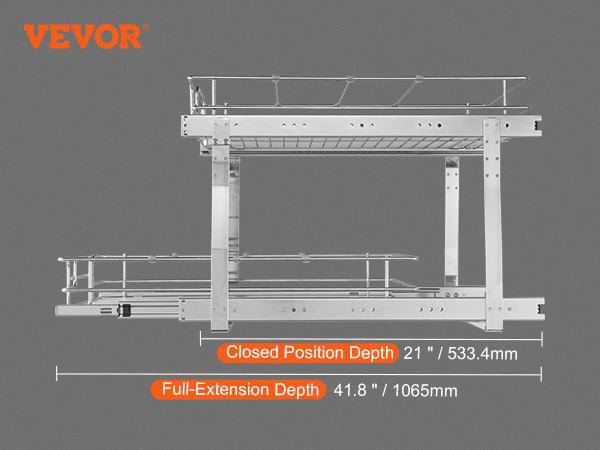 VEVOR pull out cabinet organizer dimensions and structure with full-extension and closed position depths.