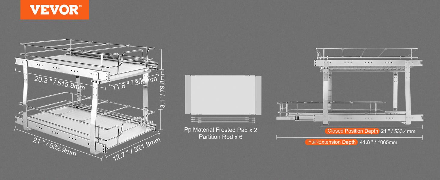 VEVOR pull out cabinet organizer dimensions and structure with full-extension and closed position depths.