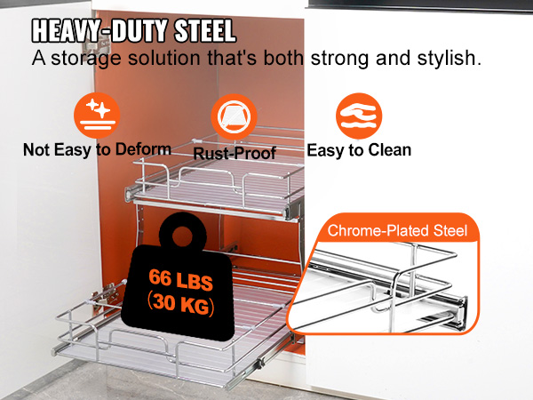 Выдвижной шкаф-органайзер VEVOR, сверхпрочная хромированная сталь, весит 66 фунтов, устойчив к коррозии, легко моется.