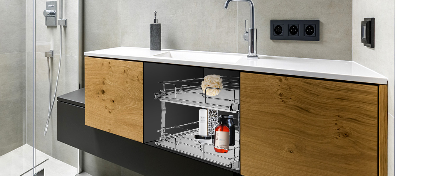 современная ванная комната с выдвижным шкафчиком-органайзером VEVOR под дерево и черным туалетным столиком рядом с душевой кабиной.