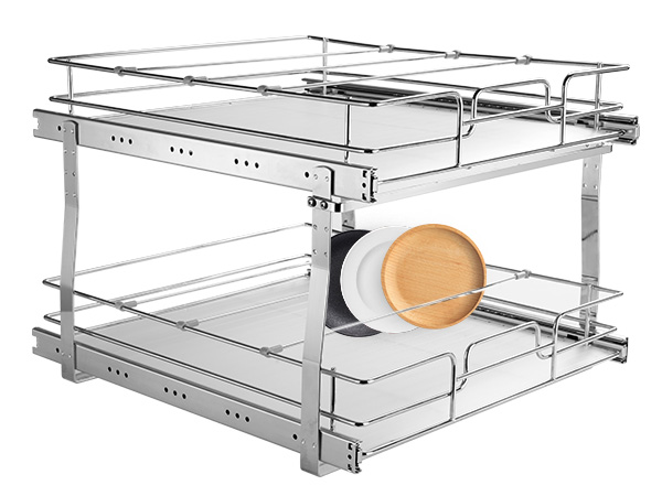 double-tiered VEVOR pull out cabinet organizer with metal frame holding plates and kitchen items.