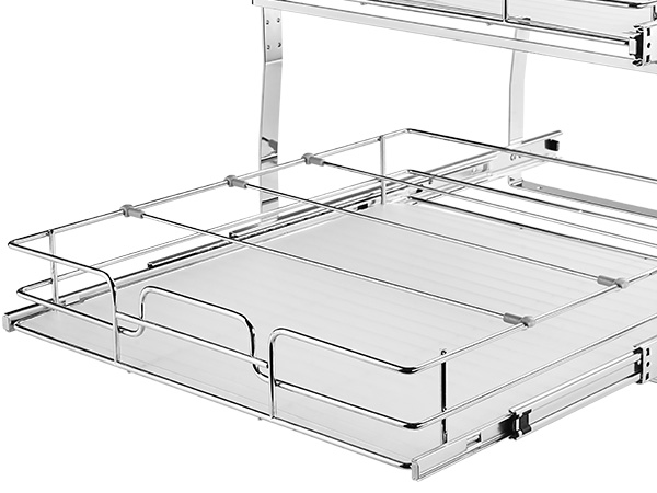VEVOR pull out cabinet organizer with chrome finish and slide-out wire basket mechanism.