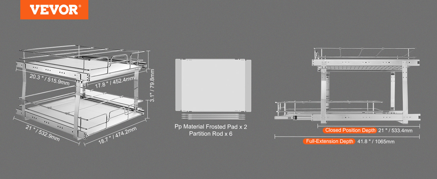 VEVOR pull out cabinet organizer dimensions and components displayed.