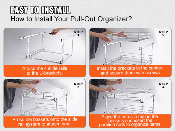 как установить выдвижной органайзер для шкафов VEVOR в 4 этапа с помощью u-образных кронштейнов, винтов, направляющих и корзин.