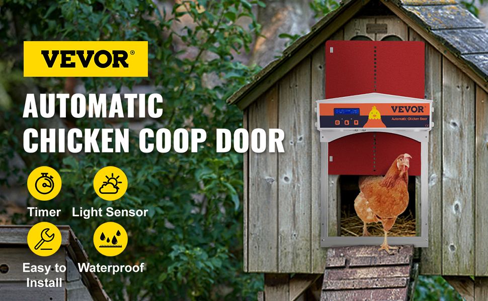 VEVOR automatic chicken coop door with timer, light sensor, and waterproof design.