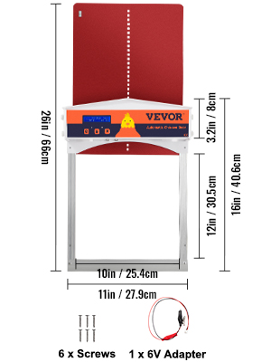 VEVOR automatic chicken coop door with dimensions, screws, and adapter included.