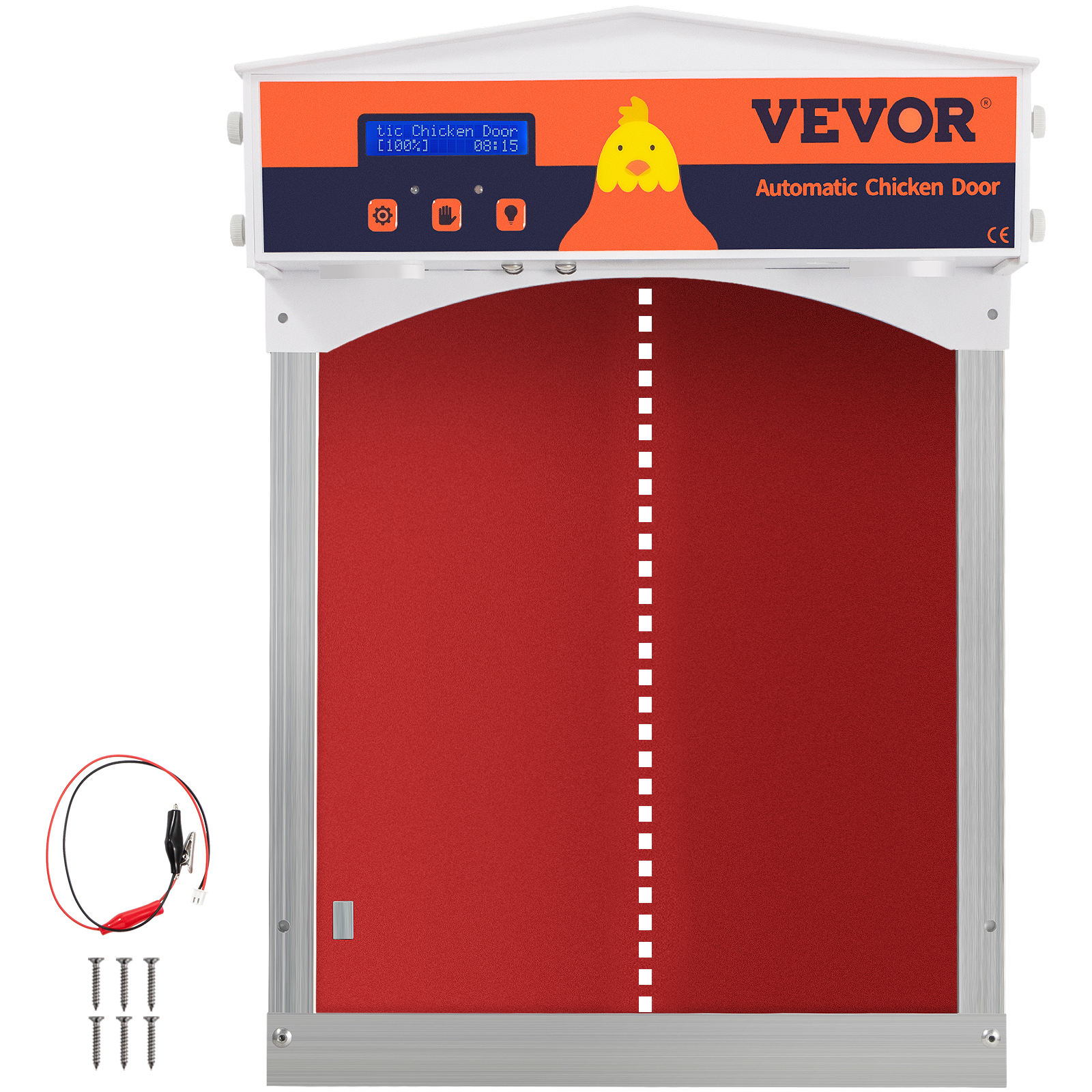 VEVOR automatic chicken coop door with red panel and digital display, screws included.