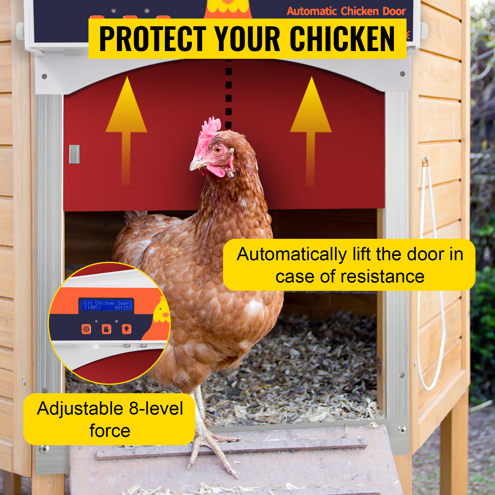 VEVOR automatic chicken coop door with adjustable 8-level force and safety feature.