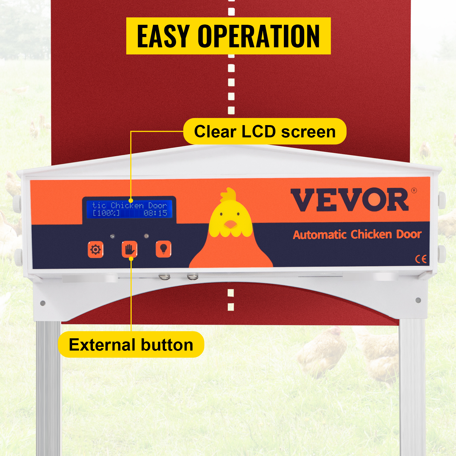 VEVOR automatic chicken coop door with clear lcd screen and external button for easy operation.