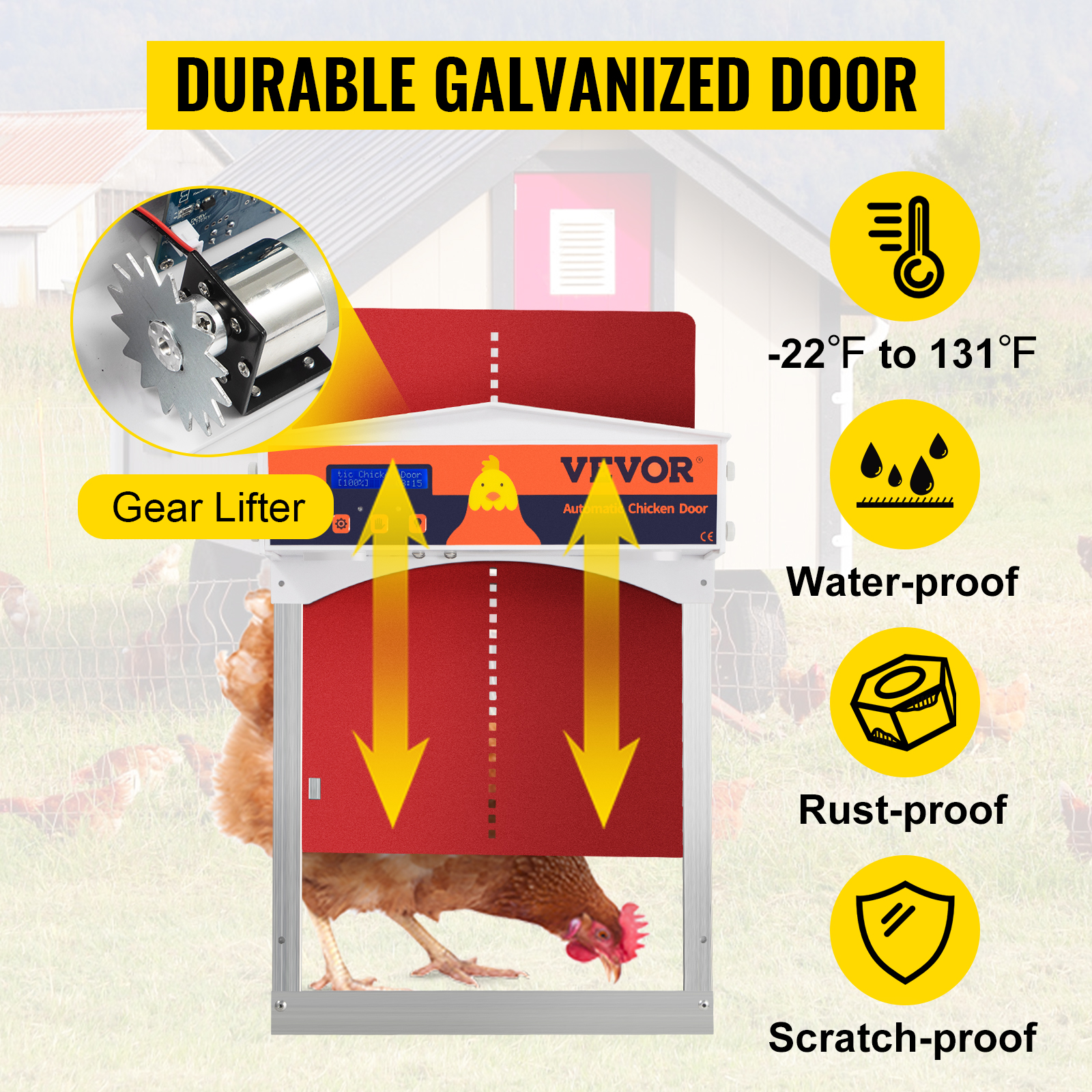 VEVOR automatic chicken coop door, durable galvanized, waterproof, rust-proof, scratch-proof.