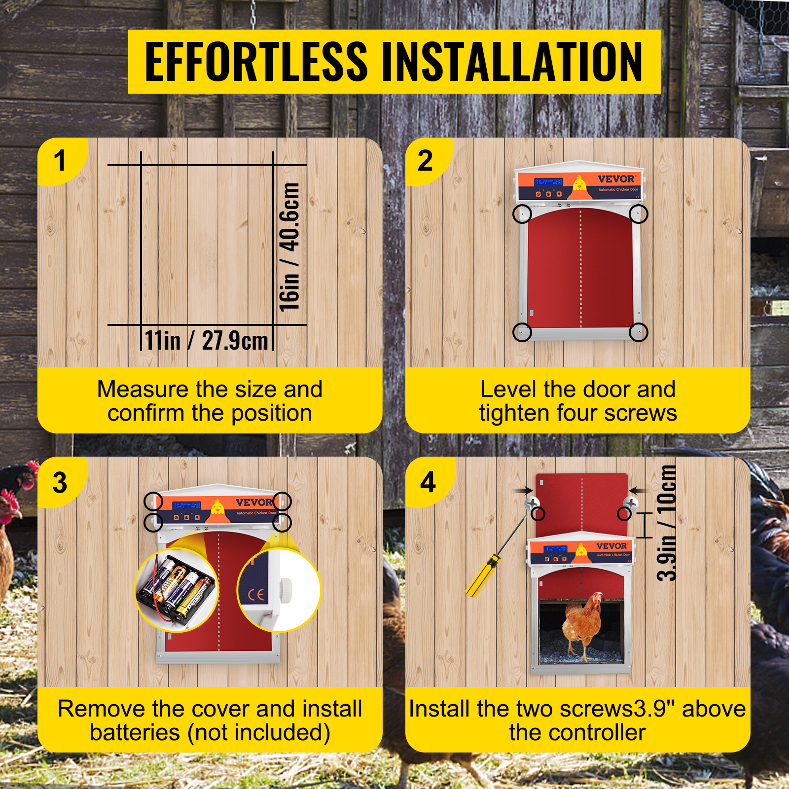 effortless installation steps for VEVOR automatic chicken coop door on wooden wall.