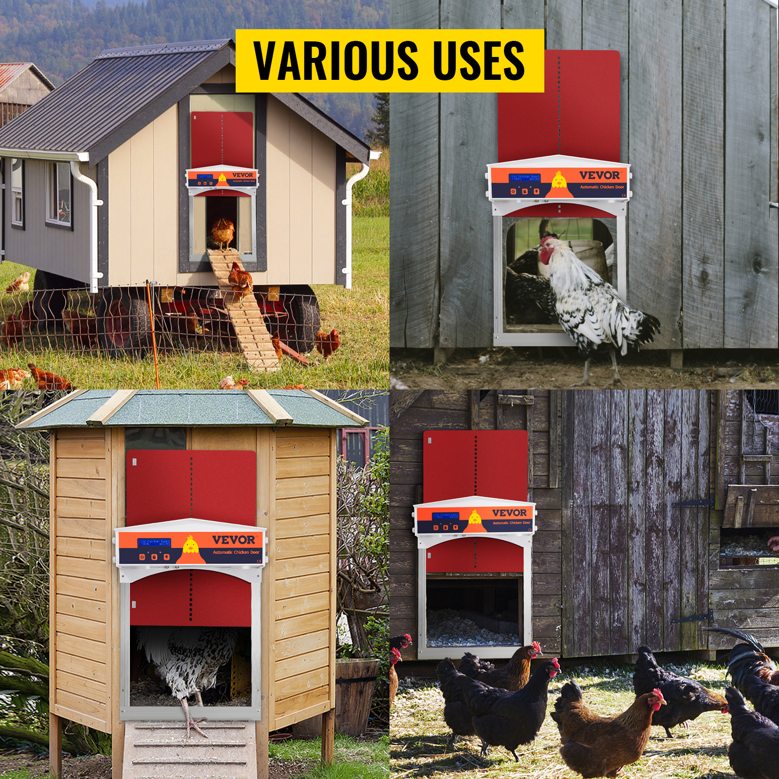 VEVOR automatic chicken coop door in various chicken coop settings.