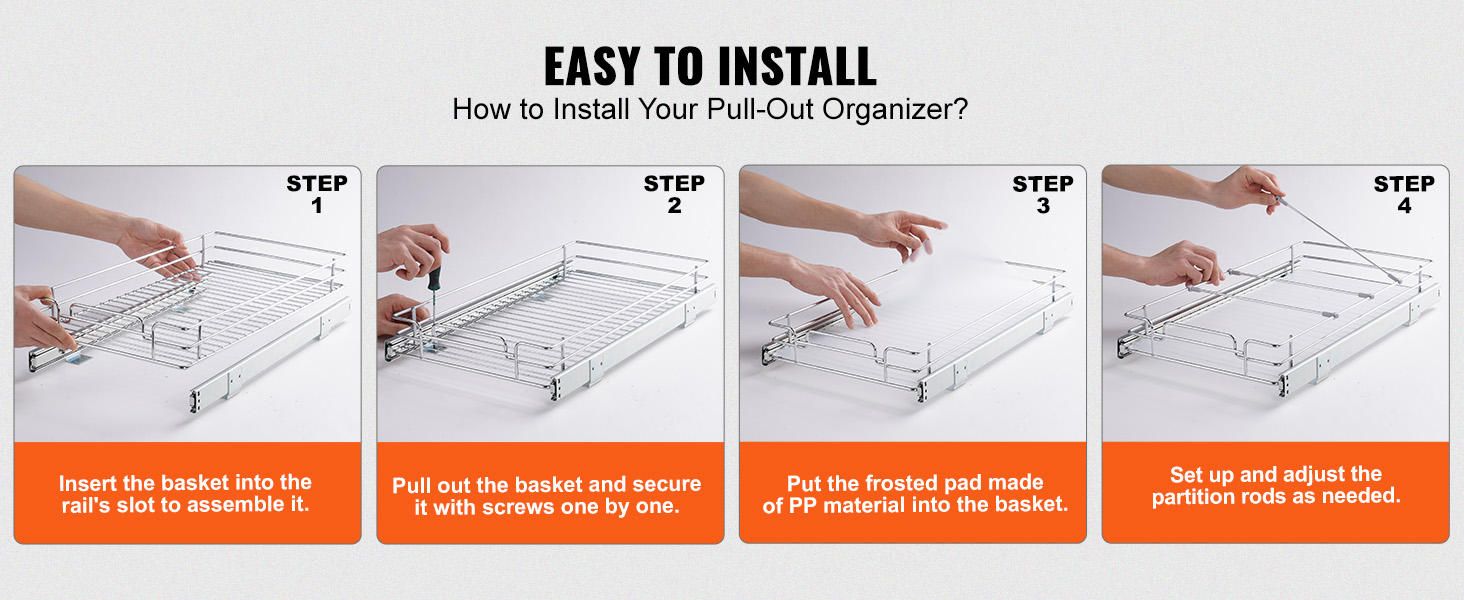 этапы установки выдвижного шкафа-органайзера VEVOR: прикрепите, закрепите, добавьте полипропиленовую прокладку и отрегулируйте стержни.