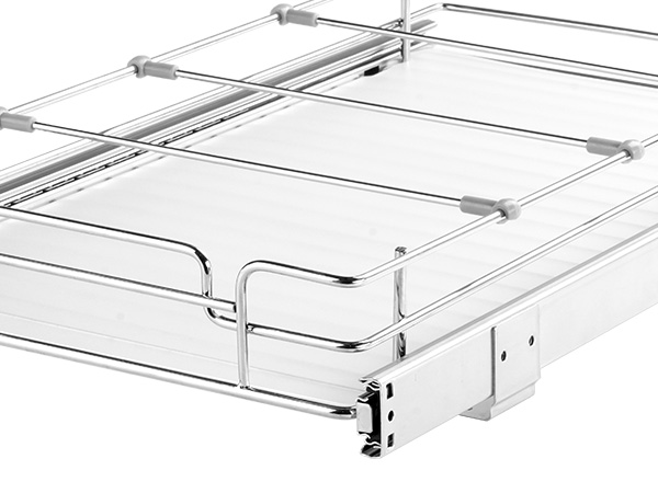 stainless steel VEVOR pull out cabinet organizer with smooth sliding rails and adjustable brackets.