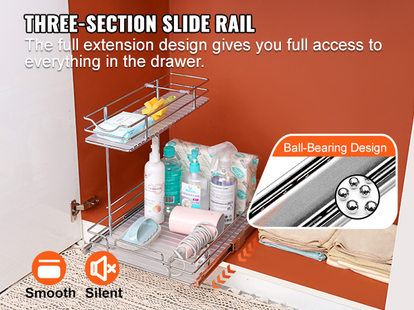 VEVOR pull out cabinet organizer with a three-section slide rail, storing various household items.