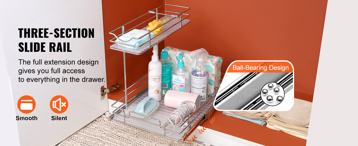 VEVOR pull out cabinet organizer with a three-section slide rail, storing various household items.