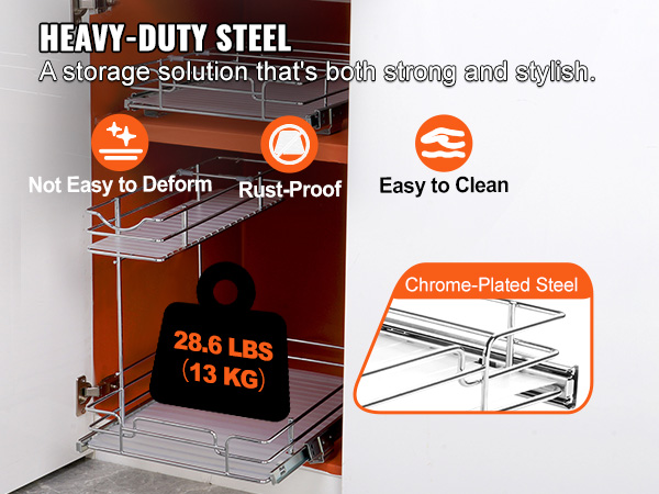 heavy-duty chrome-plated steel VEVOR pull out cabinet organizer, 28.6 lbs capacity, rust-proof.