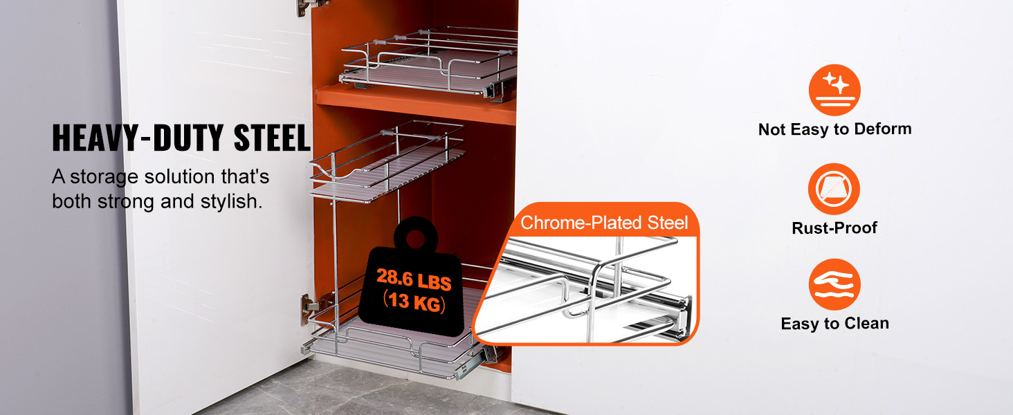 heavy-duty chrome-plated steel VEVOR pull out cabinet organizer, 28.6 lbs capacity, rust-proof.