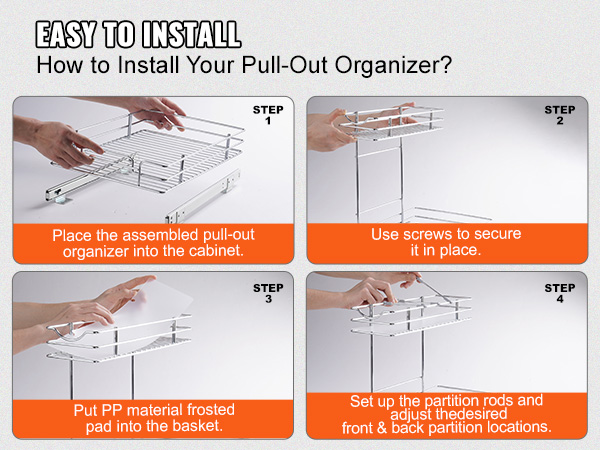 four-step installation guide for the VEVOR pull out cabinet organizer. simple and easy setup.